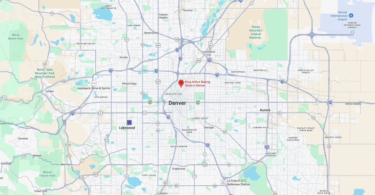 A pin for King Arthur Baking Store in Denver, Colorado on a map at it's location in the RiNO district.