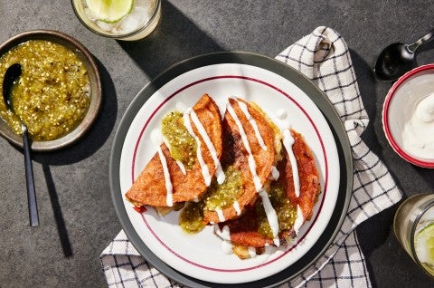 Tacos Rojos (Red Tacos) with Queso Fresco and Salsa Verde