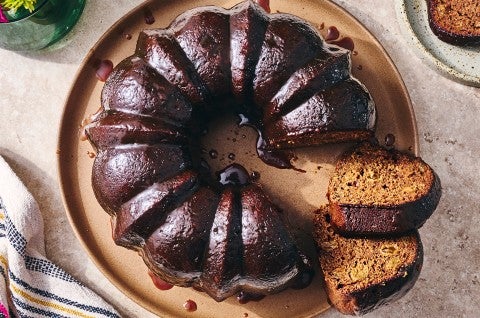 Sweet Potato Cake baked in a bundt with two slices cut out
