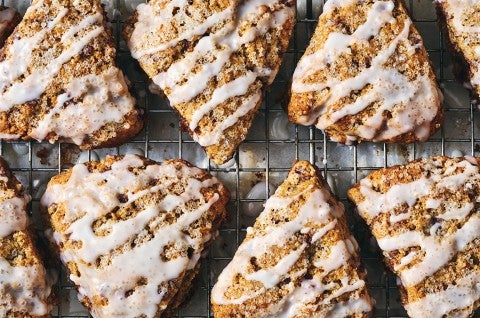 Cinnamon Whole Wheat Scones on a cooling rack, glazed