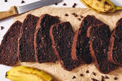 Double Chocolate Banana Bread sliced on a cutting board