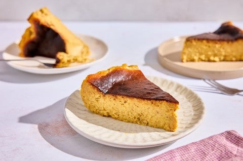 Three pieces of Pumpkin Basque Cheesecake on plates