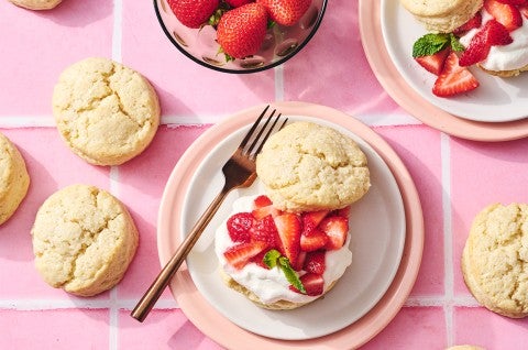 Self-Rising Cream Biscuits made into a shortcake topped with strawberries and whipped cream