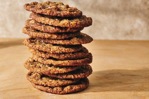 Side photograph of a stack of Cape Cod Soft Molasses Cookies.