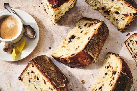 Overnight Panettone sliced and arranged on a counter seen from above.