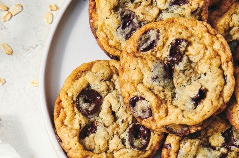 Chocolate Chip Oatmeal Cookies on a plate seen from above