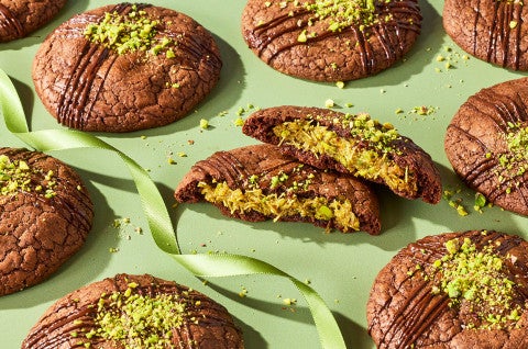 Dubai Chocolate Cookies on a green festive background