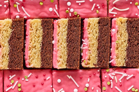 Neapolitan Sugar Cookie Bars arranged in a tight pattern seen from above