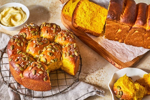 Pumpkin Milk Bread as rolls and a loaf of bread