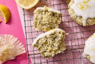 A broken open Lemon Poppy Seed Muffin