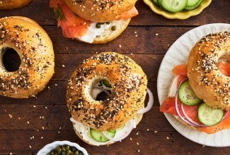 Chewy Everything Bagels made into sandwiches