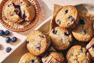 Whole Wheat Blueberry Muffins seen from above