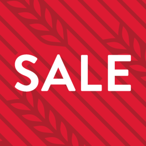 The word SALE shown on a red background patterned with wheat.