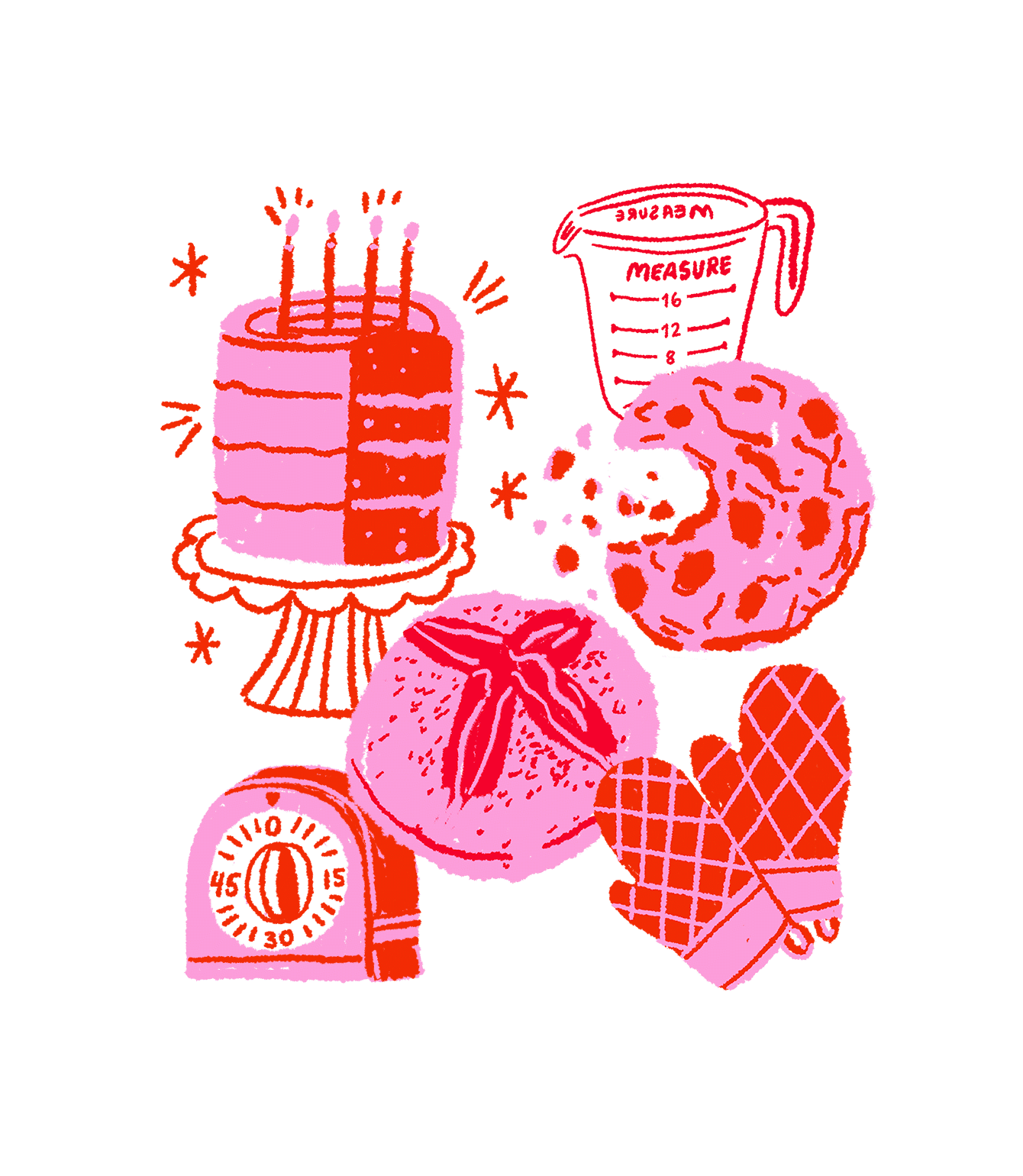 Illustrations of Cake, Sourdough Bread, Chocolate Chip Cookie, Oven Mitts, Liquid Measuring Cup, and Kitchen Timer