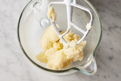 Under-creamed butter and sugar in stand mixer with paddle attachment