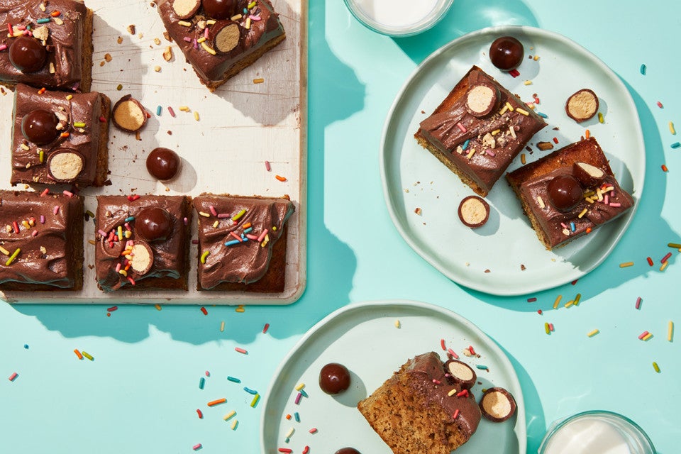 Banana Snacking Cake with Chocolate Malted Cream Cheese Frosting