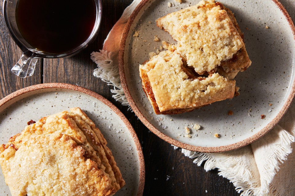 Several Layered Fig Scones on plates, ready to be eaten