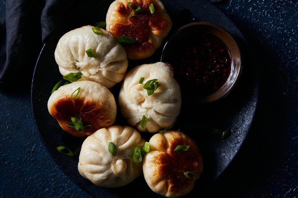 Mushroom and Cabbage Pan-Fried Buns unsauced, on plate