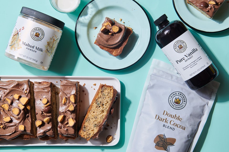 Banana Snacking Cake with Chocolate Malted Cream Cheese Frosting