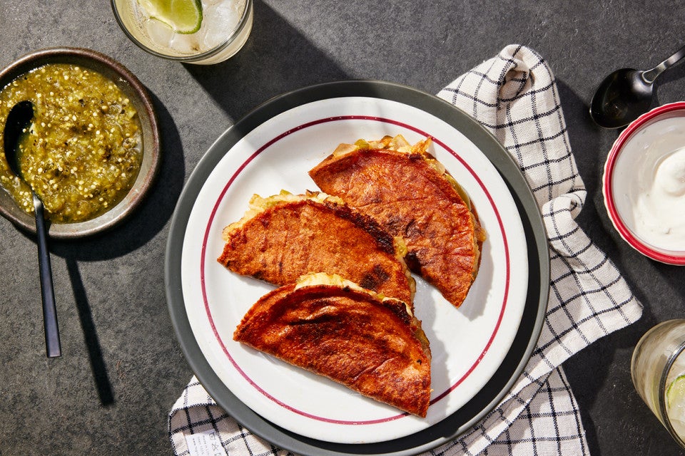 Tacos Rojos (Red Tacos) with Queso Fresco and Salsa Verde