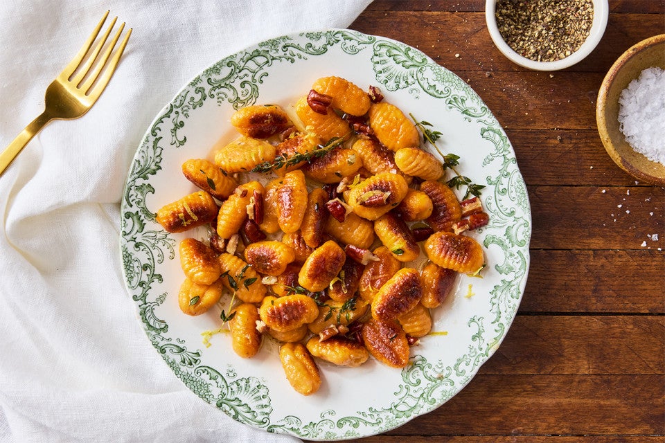 Sweet Potato Gnocchi on a decorative plate from overhead