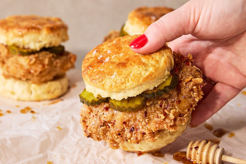 Breakfast Sandwich Biscuits with fried chicken and pickles