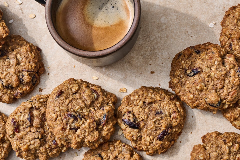 Oatmeal and Flax Cranberry Cookies with a cup of coffee