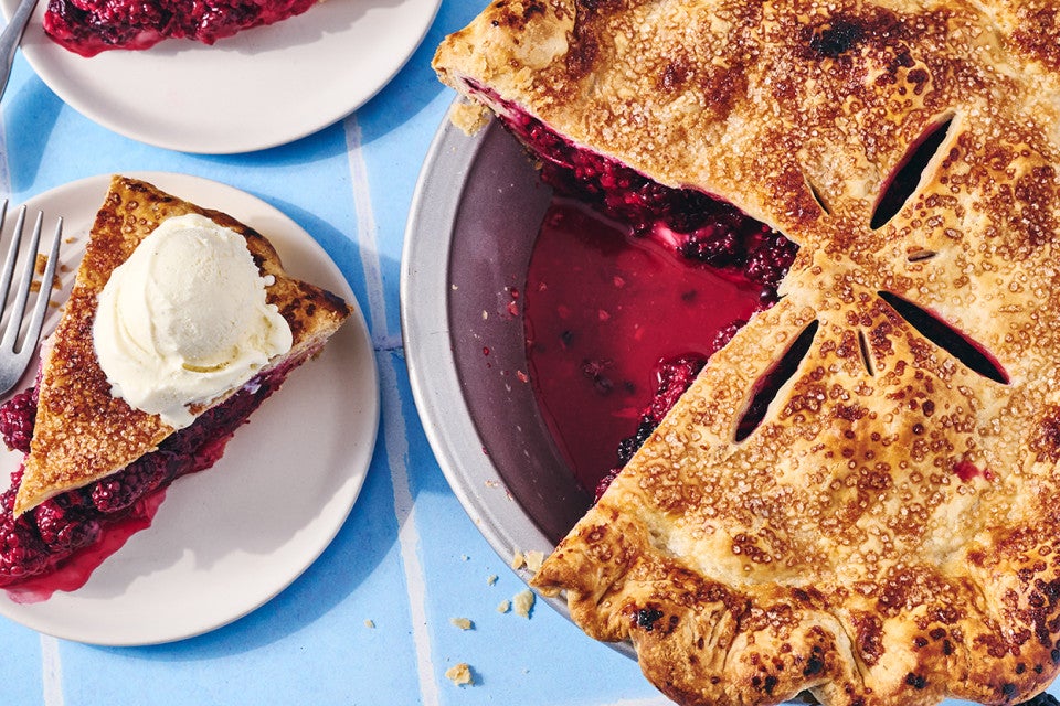 Gingery Blackberry Pie with a slice taken out