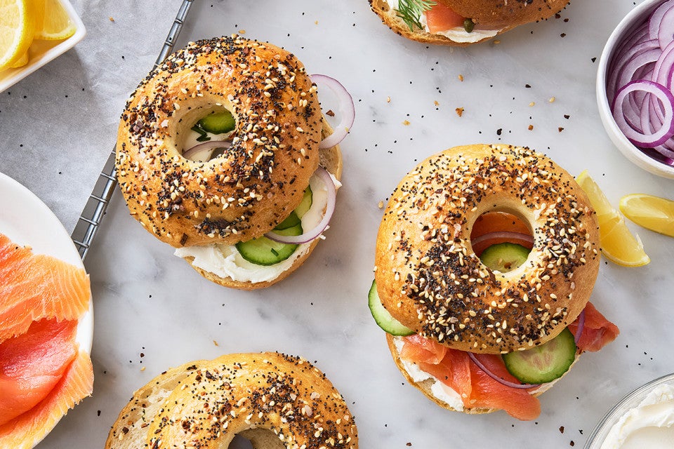 Chewy Everything Bagels made into sandwiches