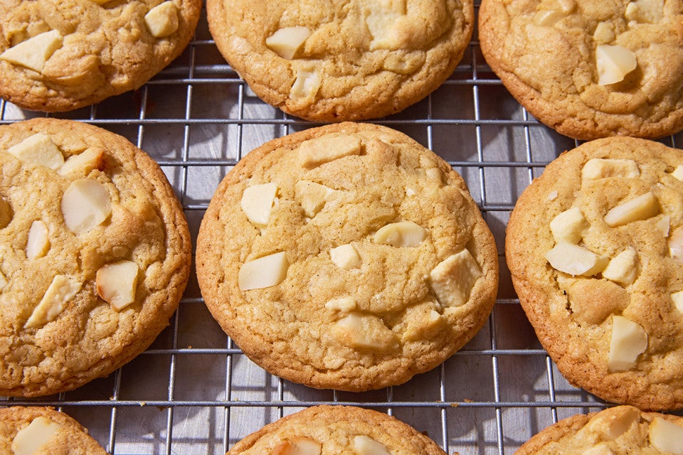White Chocolate Macadamia Nut Cookies on a cooling rack