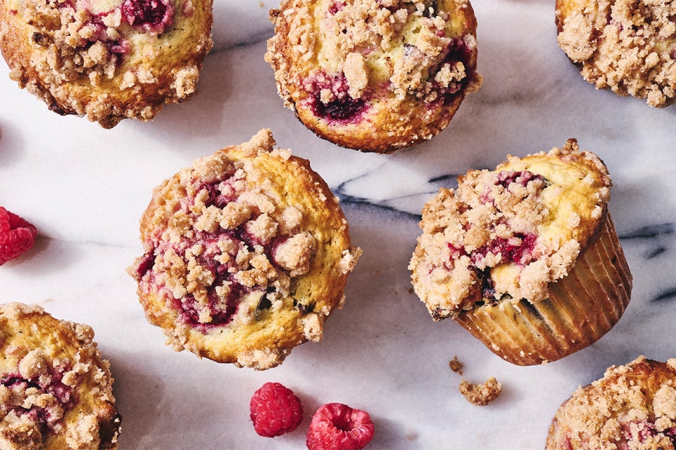 Raspberry-Chocolate Chip Muffins on a counter