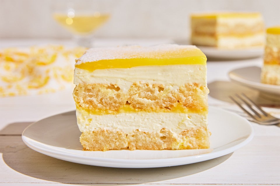 A slice of Lemon Tiramisu on a plate