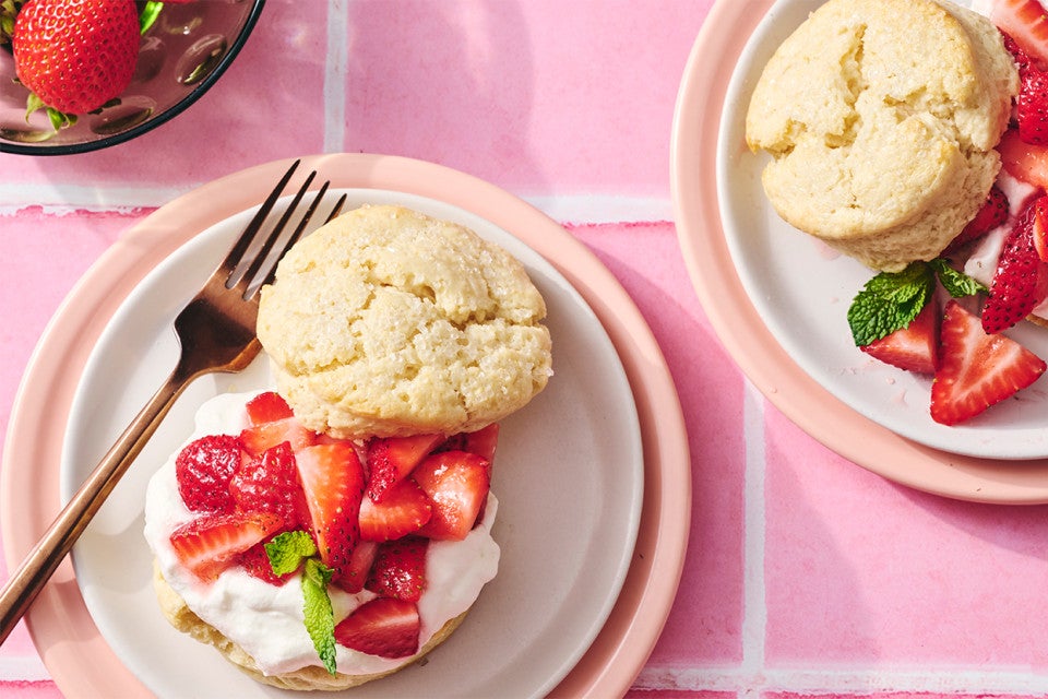 Self-Rising Cream Biscuits made into a shortcake topped with strawberries and whipped cream