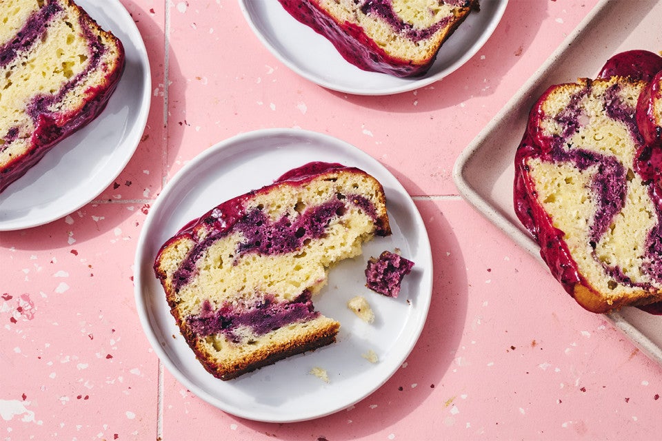 Slices of Lemon Blueberry Loaf Cake on plates