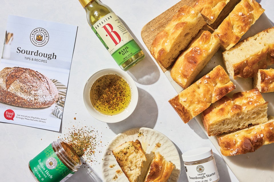 Sourdough Focaccia with some of the ingredients shown