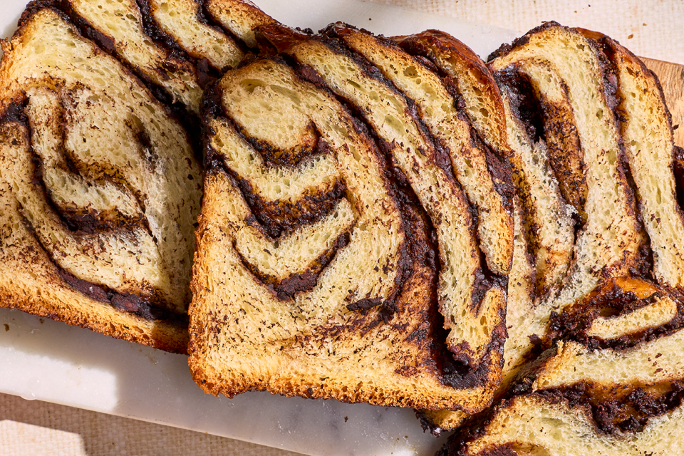 Slices of Chocolate Sourdough Babka on a counter.