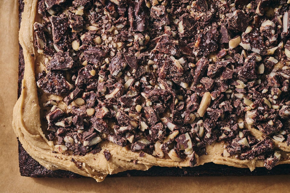 Chocolate Caramel Almond Crunch Brownies before cutting, straight out of the oven.