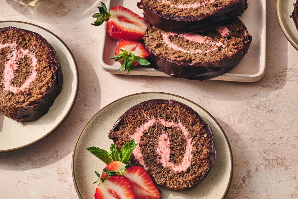 Chocolate Strawberry Roll Cake sliced and seen from above
