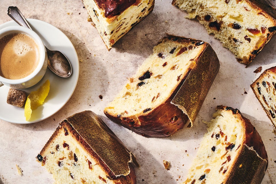 Overnight Panettone sliced and arranged on a counter seen from above.