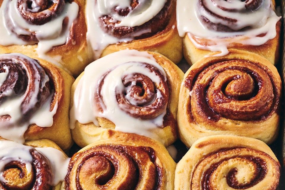 Sourdough Cinnamon Rolls in a pan seen from above.