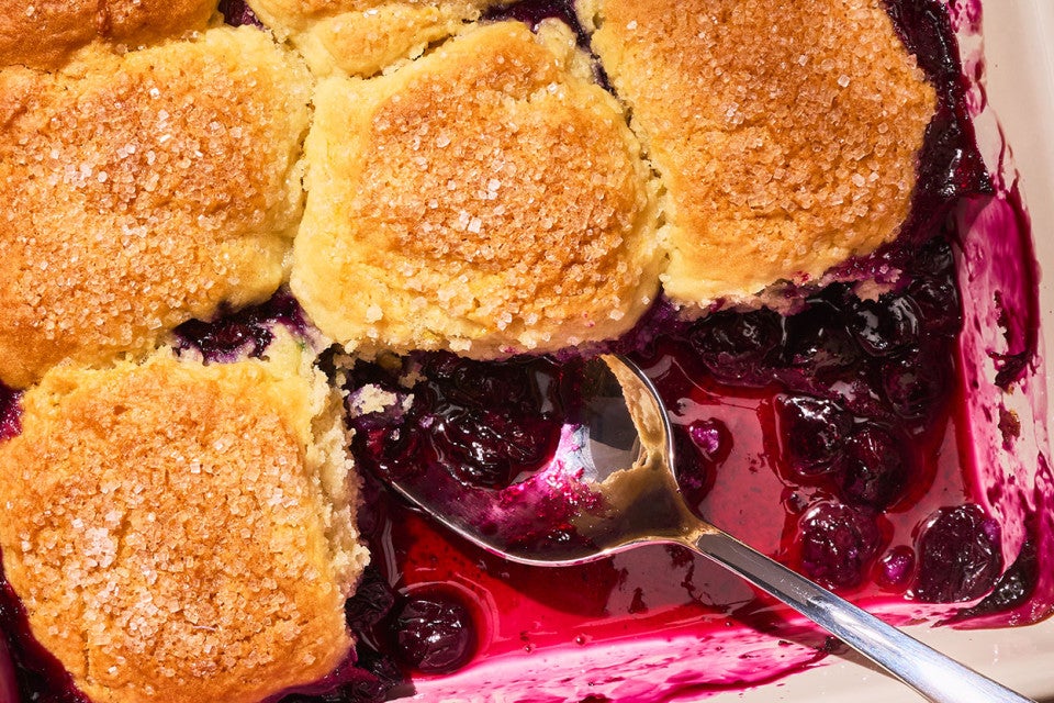 Close-up shot of Sourdough Discard Blueberry Cobbler in a pan