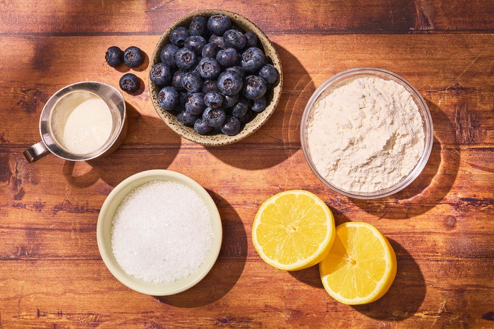 The ingredients to make a Bake it Easy Sourdough Discard Blueberry Cobbler