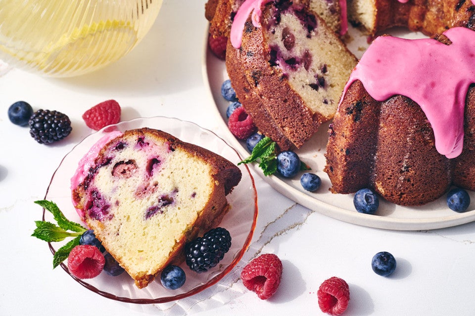 Berry Bliss Bundt Cake sliced on a plate