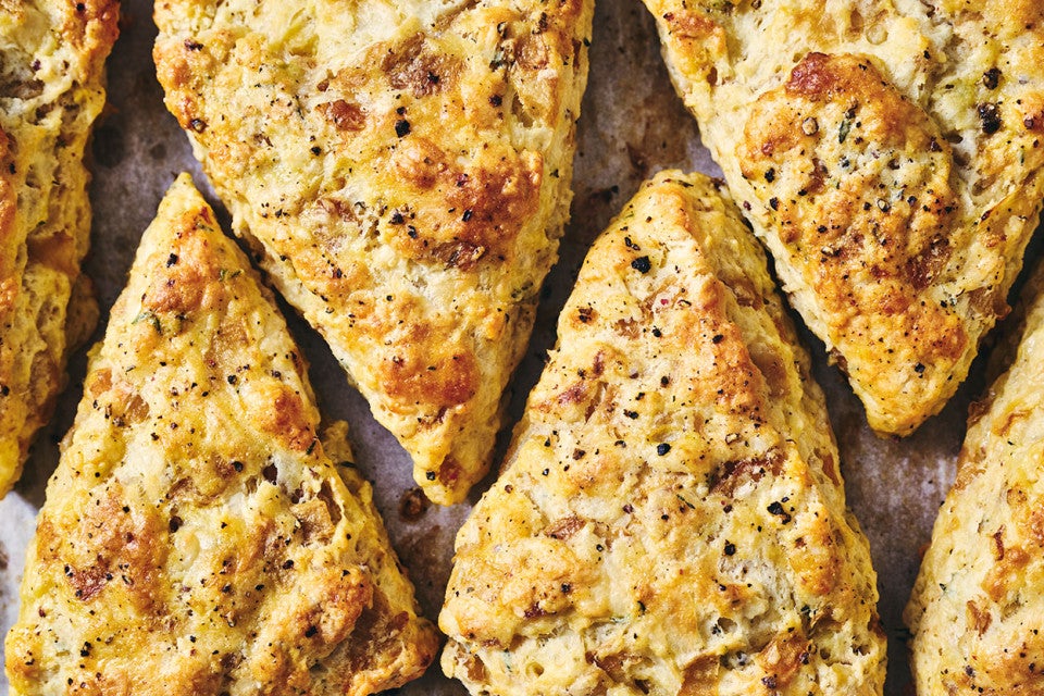 French Onion Scones arranged in an alternating pattern seen from above