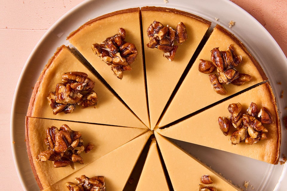Maple Pecan Cheesecake sliced neatly and seen from above