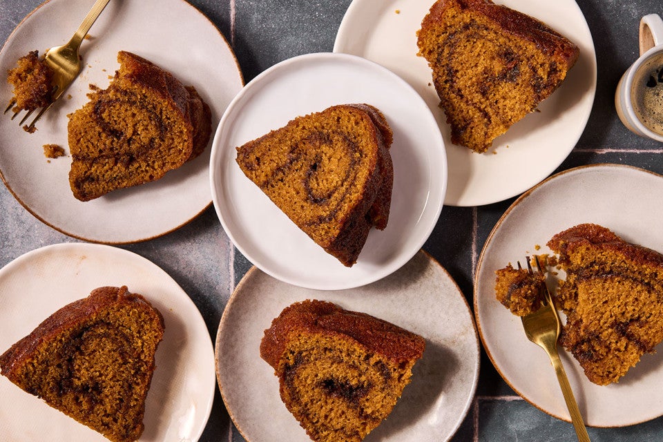 Pumpkin Espresso Bundt Cake slices arranged on plates