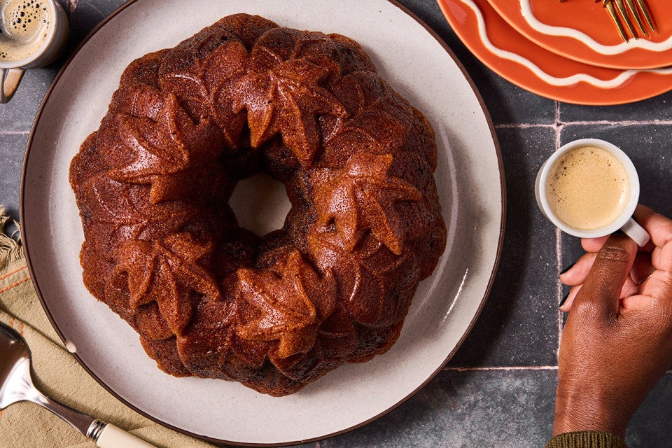 A Pumpkin Espresso Bundt Cake fresh out of the oven seen from above