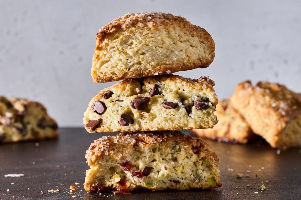 Scones stacked on a counter