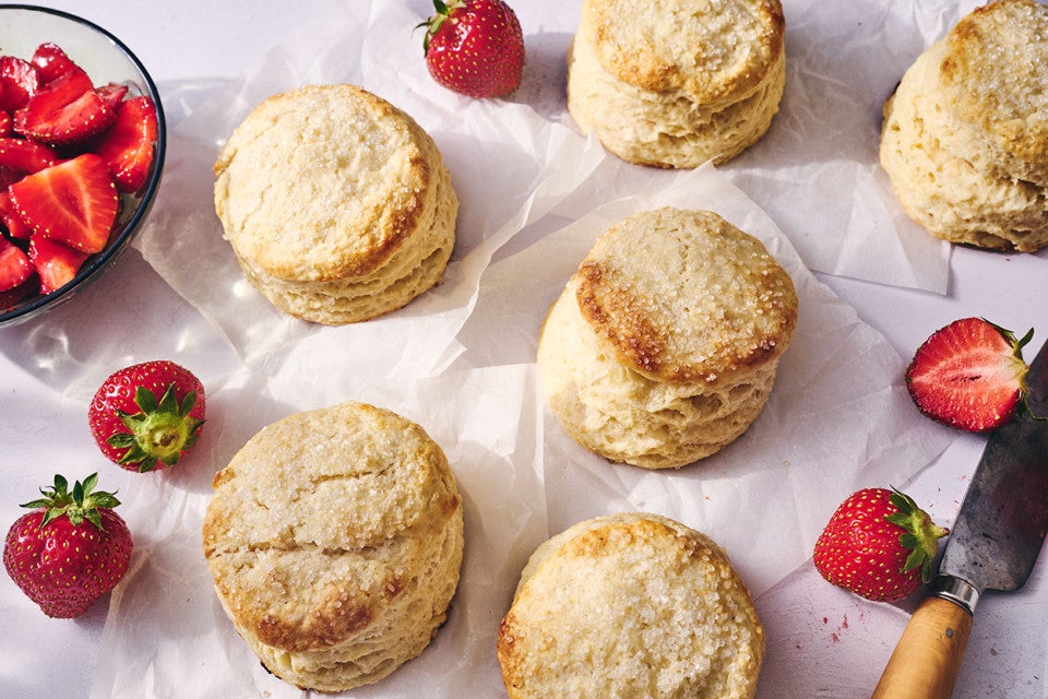 Strawberry Shortcake seen from above on a table cloth