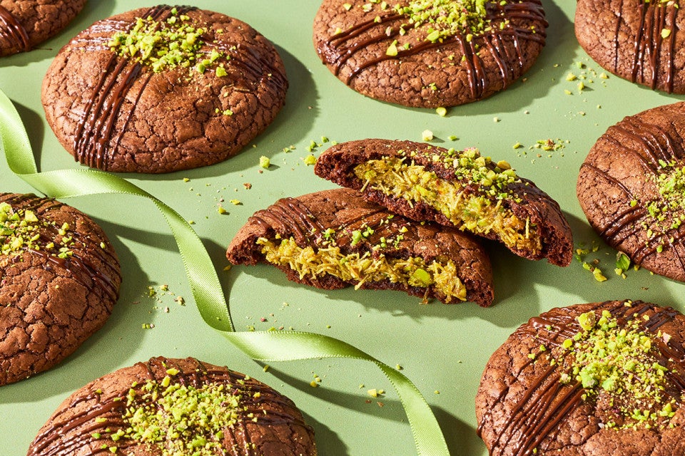 Dubai Chocolate Cookies on a green festive background